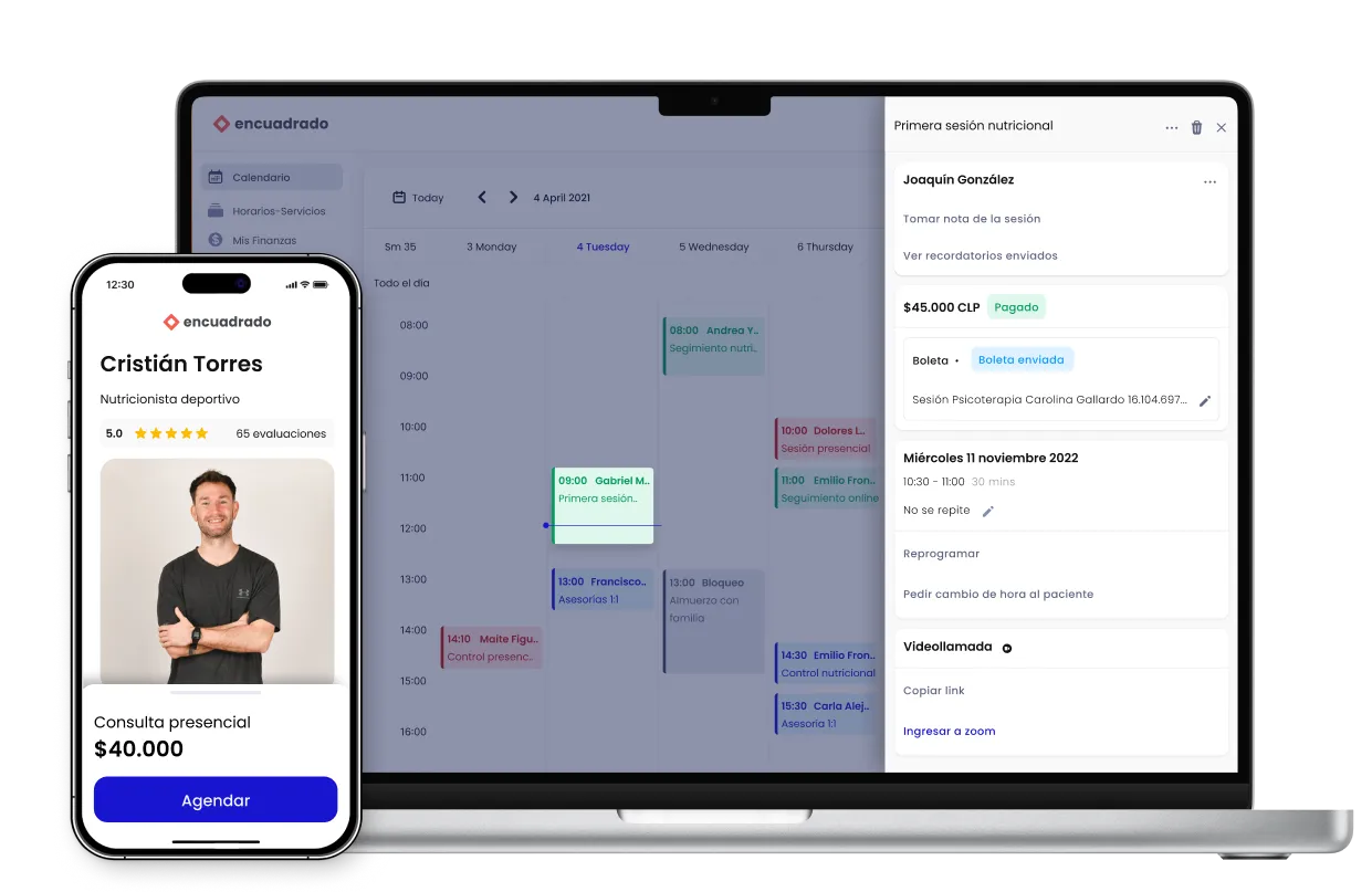 agenda online, pagos en línea, seguimiento de tus sesiones todo desde la plataforma de Encuadrado